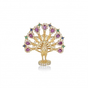 Yellow Gold Multi Gem Peacock Brooch Yellow Gold Multi Gem Peacock Brooch